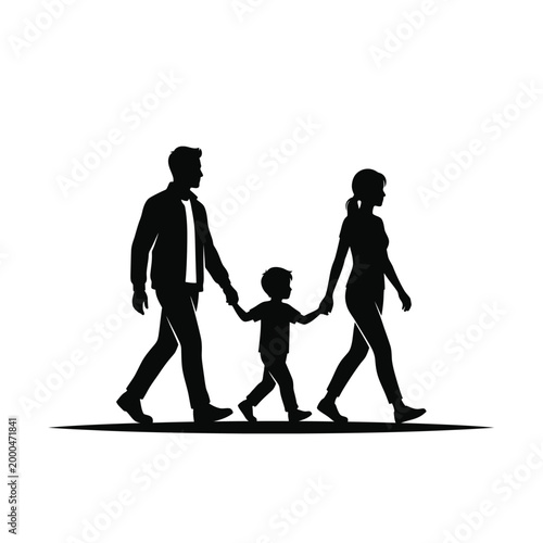 Family walking together, two parents and one child, side view, solid black silhouette vector, simple and modern design