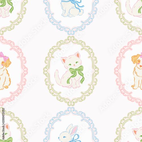 Seamless pattern of hand drawn kitten, bunny and puppy with bows. Cute baby animals in ornate frames. Whimsical, vintage design is perfect for nursery wallpaper, baby clothing, gift wrapping. Vector