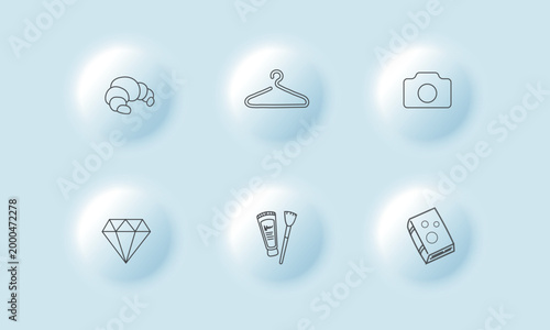 Neumorphic lifestyle icon set with thin line symbols for mobile app interface design