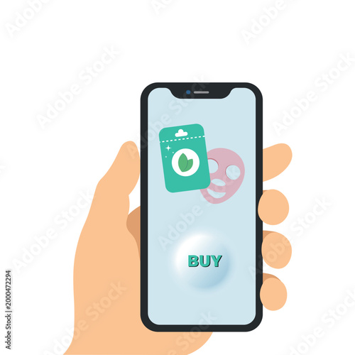 Hand holding smartphone with beauty skincare app for online shopping face masks and neumorphic buy button