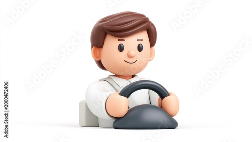 Friendly 3D Cartoon Man in a White Shirt Driving with a Calm Smile