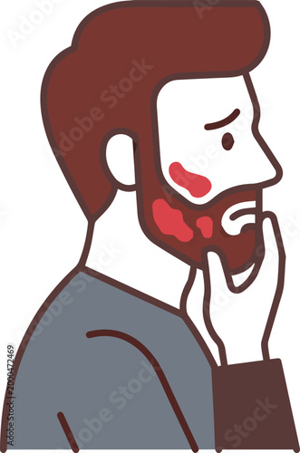 Bearded man touching red skin rash on face representing beard itch or dermatitis medical illustration