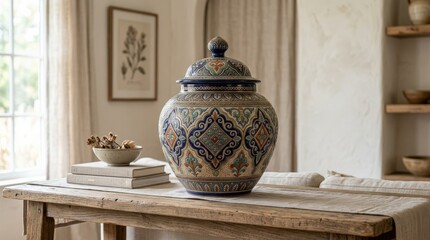 Intricately patterned decorative pottery jar for home decor, elegant ceramic vessel with rich ornament and artisan craftsmanship, clean interior styling, soft light, realistic detail, no logos