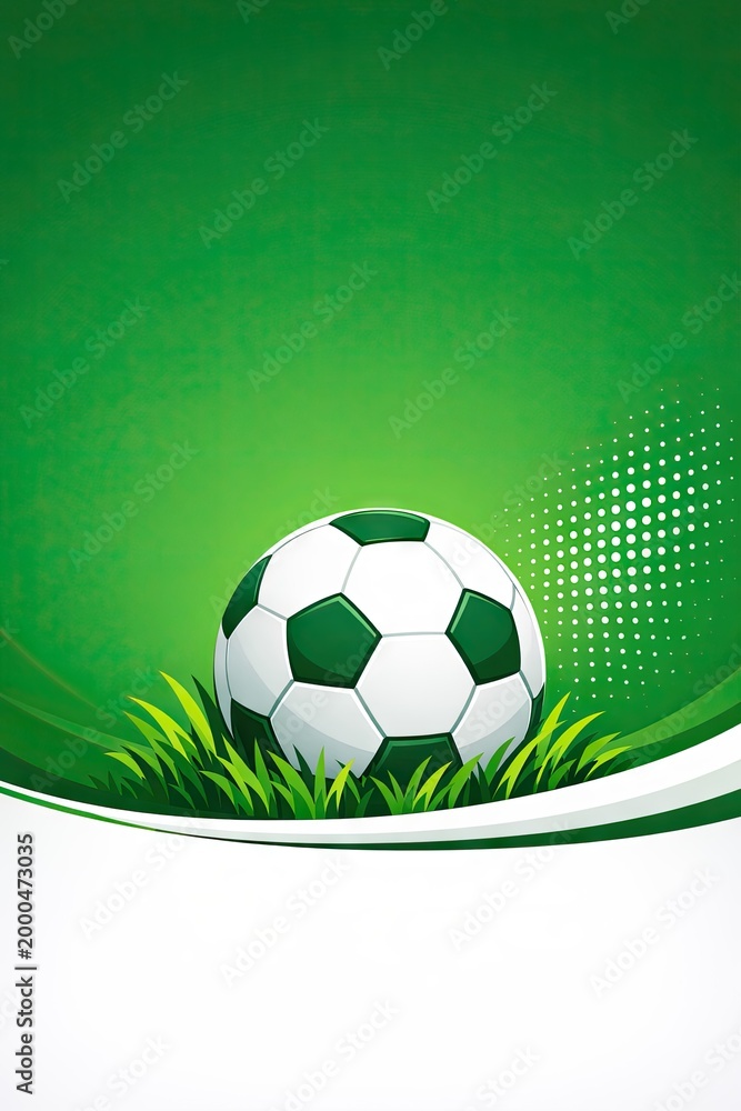 Naklejka premium Clean sports template featuring a classic soccer ball on green grass with a curved white border and halftone patterns