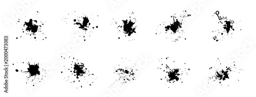 Black organic vector ink water splashes with liquid drops. Isolated abstract inky blots with spray spots stain for graphic design, social media droplet stamps, splatter shadows and templates