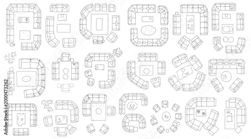 Various living room furniture arrangements and sofa layouts, top view, interior design sketches