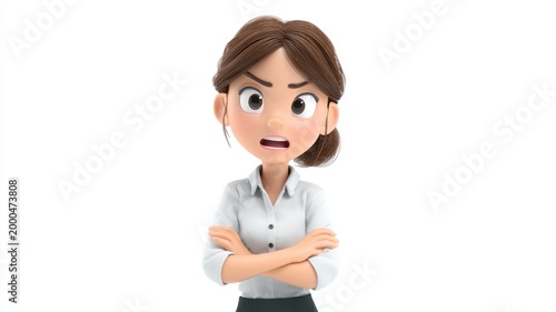 Furious 3D cartoon businesswoman with a stern glare and crossed arms, isolated on white.