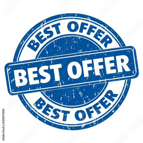 Blue grunge round stamp badge with bold Best Offer text on transparent background. Retro distressed seal design for promotional marketing and advertising.