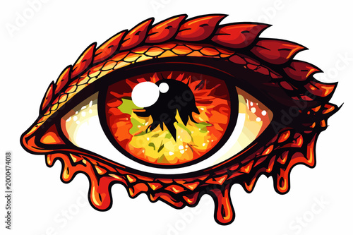 A fantasy dragon eye on white background with a blazing red-orange iris, surrounded by red dragon scales and dripping lava. Concept of fire and dragon power.