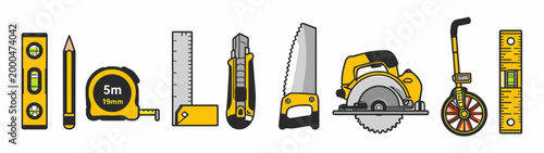 Flat vector set of construction and measuring tools including ruler, tape, level and saw. Industrial work concept with yellow and gray objects isolated on white background