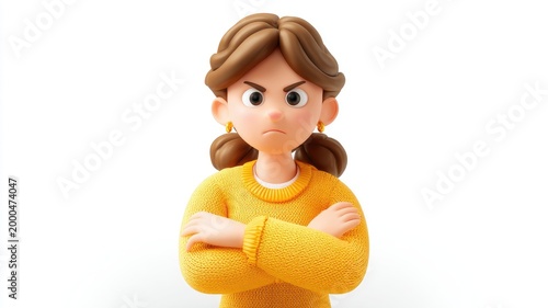 Furious 3D Woman in a Textured Yellow Sweater with Arms Crossed