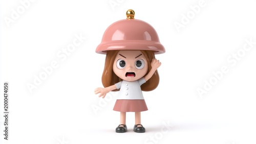 Furious Cartoon Girl with a Quirky Pink Bell-Shaped Hat Protesting