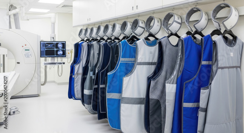 A medical facility with protective garments hanging on hooks next to a CT scanner
