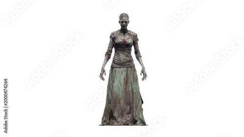 Gaunt Female Zombie in a Tattered Gown, Standing Isolated on a Stark White Background.