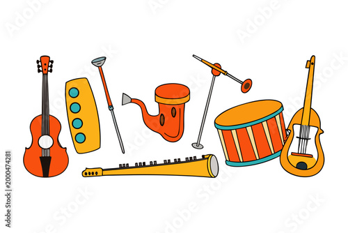 Colorful music instruments, vector icons, guitar, drum, xylophone, musical symbols, illustration set
