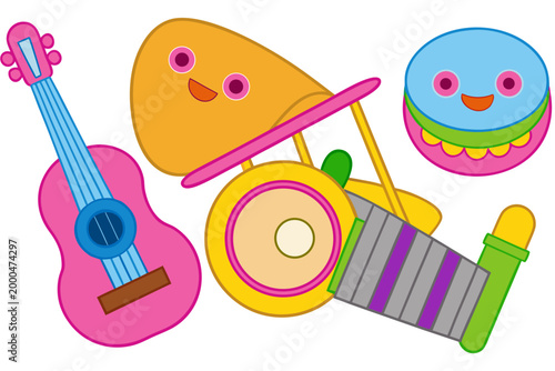 Colorful cartoon musical instruments, kids toys, guitar, drum, donut, xylophone, vector icons