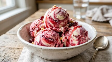 Close up of scoops of red and white swirled ice cream in a bowl, creamy frozen dessert with vibrant color contrast and rich texture, appetizing food styling, bright light, no logos