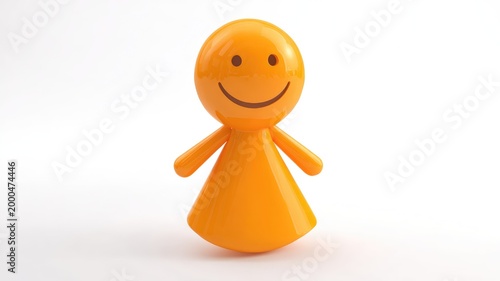 Gleaming Orange Smiley Figurine Radiating Joy on a Minimalist White Background