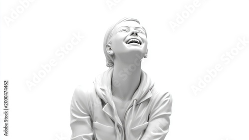Gleaming White 3D Sculpture of a Woman in a Moment of Pure, Ecstatic Laughter.