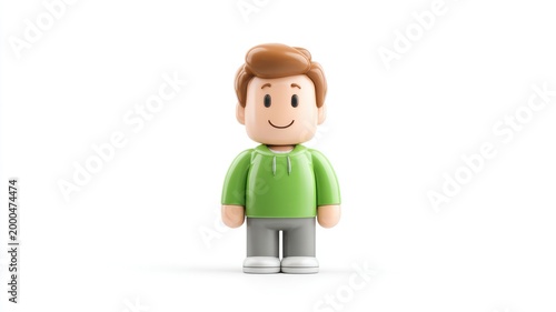 Glossy 3D Figurine of a Cheerful Boy in a Green Hoodie, Isolated on a Clean White Background.