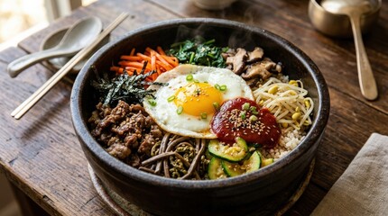 Colorful bibimbap with fresh ingredients and fried egg, authentic Korean rice bowl, vibrant vegetables and savory toppings, appetizing meal close up, warm food lighting, no logos