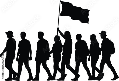 Silhouette of a protest march people walking with a raised black flag