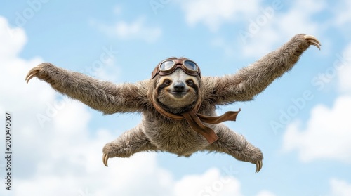 Playful sloth wearing aviator goggles with outstretched arms, whimsical animal portrait, fun adventurous concept, realistic fur detail, bright clean background, no logos