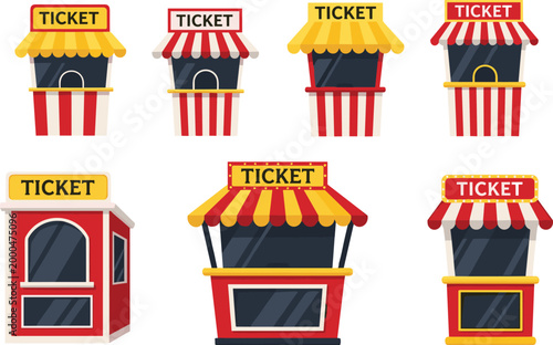 Classic Ticket Booth and Carnival Kiosk Vector Illustration Set with Red and Yellow Striped Awnings for Amusement Parks, Cinema Entrances, Circus Events, and Festival Ticketing Designs