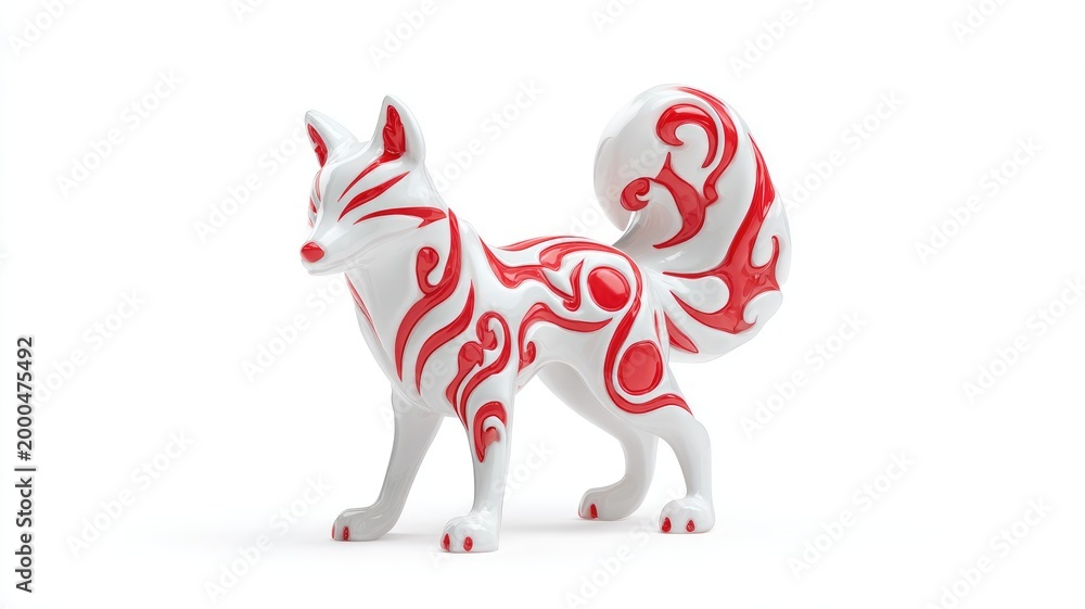 Obraz premium Glossy White Kitsune Spirit with Intricate Red Flame Markings