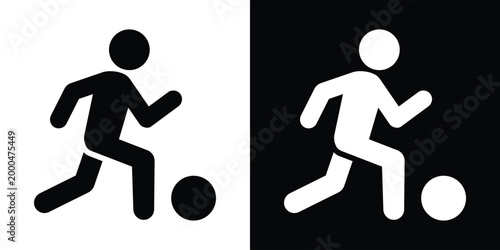 Vector graphic of a person running and dribbling a soccer ball. Represents football, sports training, or team games. Clean, simple black and white icon design perfect for sports-related projects.