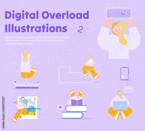 Modern flat illustration set about digital overload, social media addiction and burnout. Scenes with smartphone, notifications, online lifestyle. Ideal for apps, UI, banners and web design.