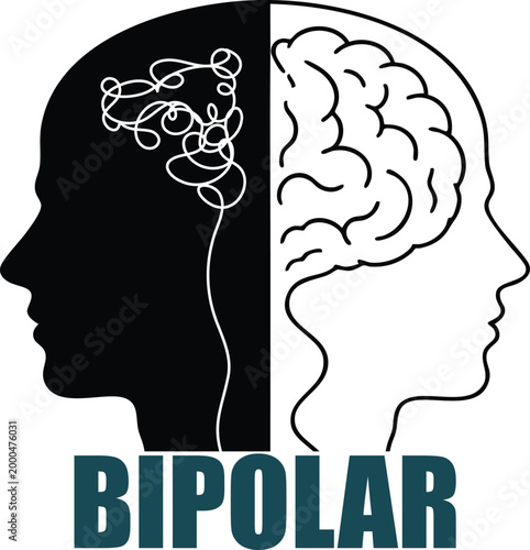 black and white simple Metaphor bipolar disorder mind. Concept to mental health awareness month.