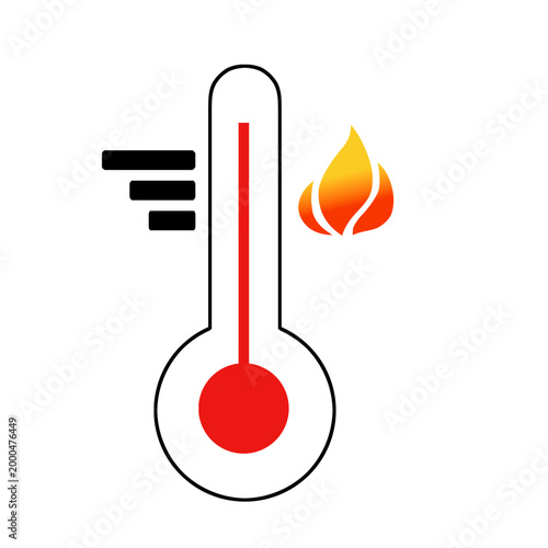 High temperature thermometer icon. Heat, hot and thermal symbol. Flame, burn and energy sign. Temperature and warning concept vector graphic design
