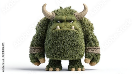 Grumpy Green Furry Monster with Detailed Fur, Horns, and Knitted Cuffs