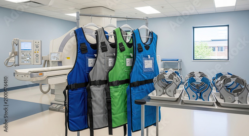 A medical room with protective gear for radiation therapy procedures
