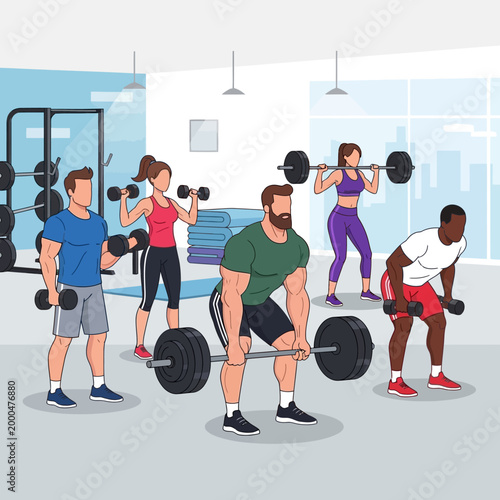 Diverse group of people weightlifting and exercising in a modern gym.