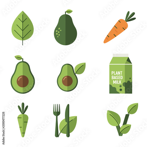 Healthy Vegan Food Icons: Avocado, Carrot, Leaf, Plant Milk, Cutlery