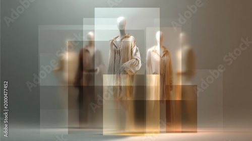 Fashion sale banner showcasing stylish outfits behind translucent glass layers