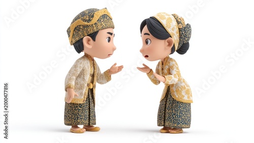 Indonesian Traditional Couple in Elegant Attire, Cartoon Style, White Background.