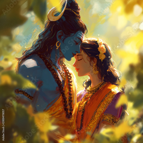 Loving embrace of Shiva and Parvati in vibrant colors