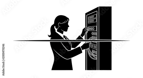 Silhouette of a Professional Woman Working on a Server Rack in a Data Center.