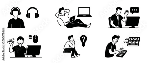 Man working at computer icons set, digital nomad lifestyle and remote office activities, professional flat outline illustrations for UI, UX, web design, e-learning, and modern business communication c