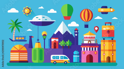 Travel Tourism Holiday Vacation Icon Set Flat Vector Illustration Isolated Colorful Collection
