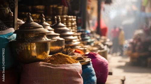 tolerable. A bustling market stall with brass utensils and colorful spice sacks in warm light. travel magazines, destination branding, designed for travel destination branding, drives exploration.