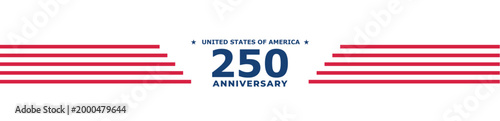 USA 250th anniversary horizontal banner with patriotic stripes and emblem. American Independence Day header for website, newsletters, and social media promotions, isolated on transparent background