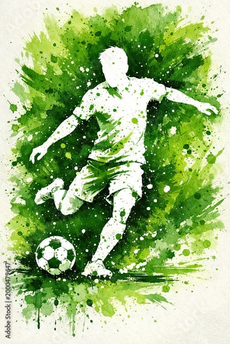 Green watercolor silhouette of a soccer player in motion kicking a ball with artistic paint splashes