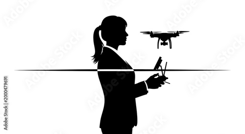 Silhouette of a professional woman operating a remote controlled drone.