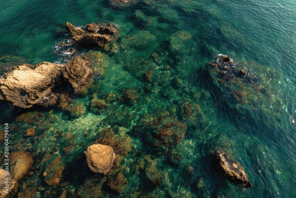 Fototapeta premium Clear emerald water reveals rocky seabed from an aerial viewpoint