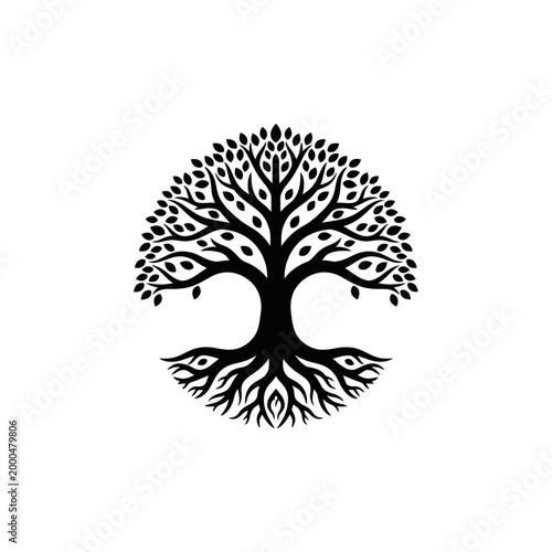 Stylized Tree of Life Silhouette, Roots and Branches, Black and White