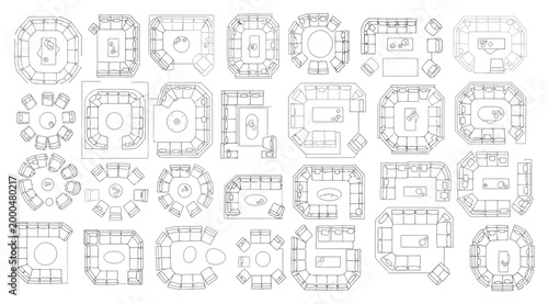 Collection of top view furniture layout sketches for living rooms and seating areas, featuring various sofa arrangements and coffee tables